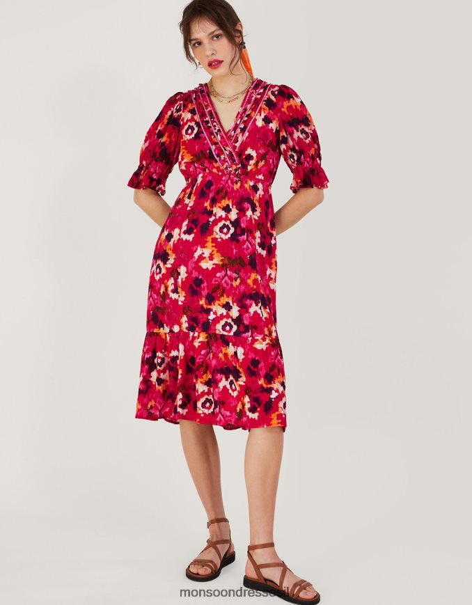 הַלבָּשָׁה Monsoon שמלת מידי בהדפס צווארון קלוע ב-lenzing ecovero אָדוֹם נשים HTJ0TZ490