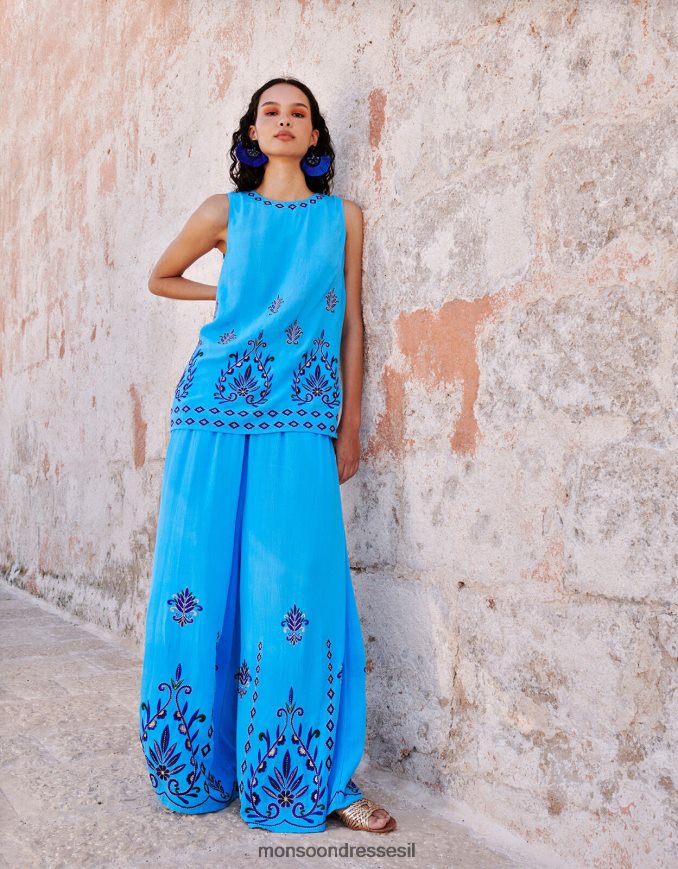 הַלבָּשָׁה Monsoon מכנסיים רחבים רקומים ב-lenzing ecovero כְּחוֹל נשים HTJ0TZ521