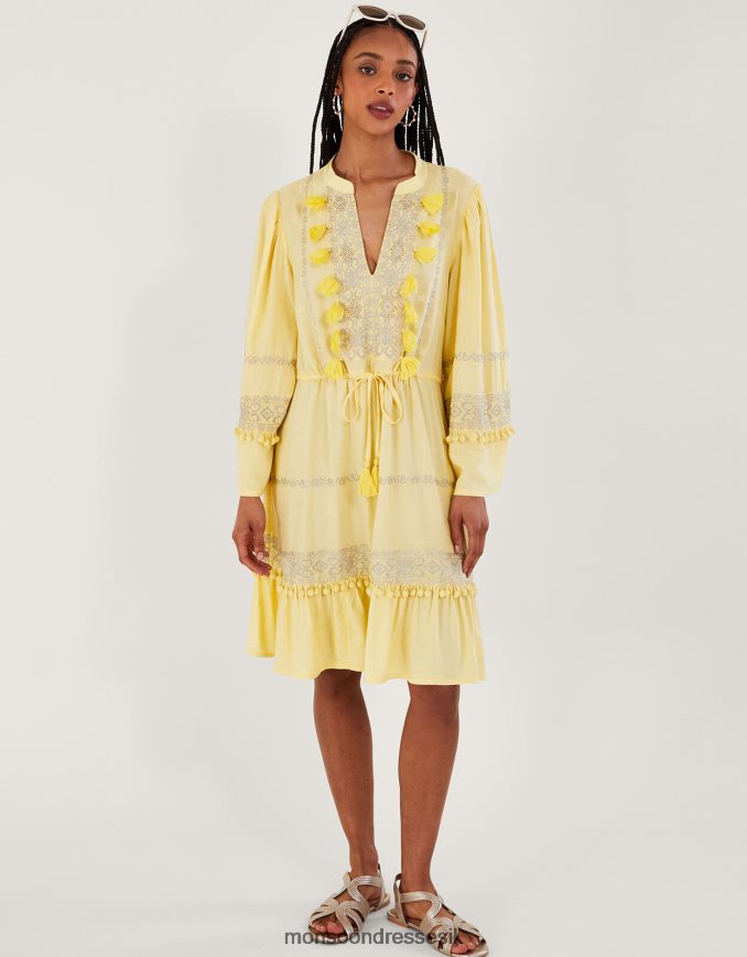 הַלבָּשָׁה Monsoon שמלת פונפון קפטן רקומה ב-lenzing ecovero צהוב נשים HTJ0TZ54