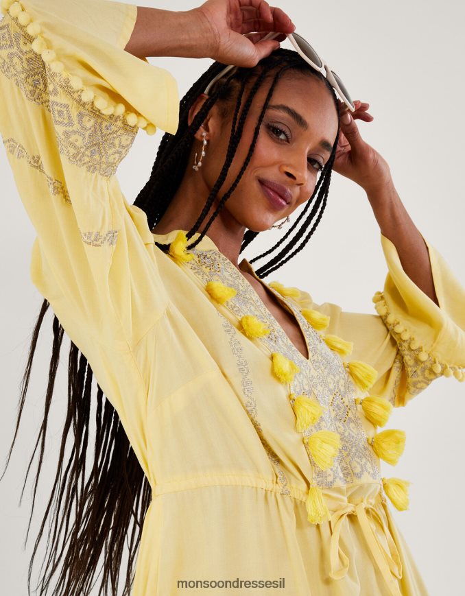 הַלבָּשָׁה Monsoon שמלת פונפון קפטן רקומה ב-lenzing ecovero צהוב נשים HTJ0TZ54