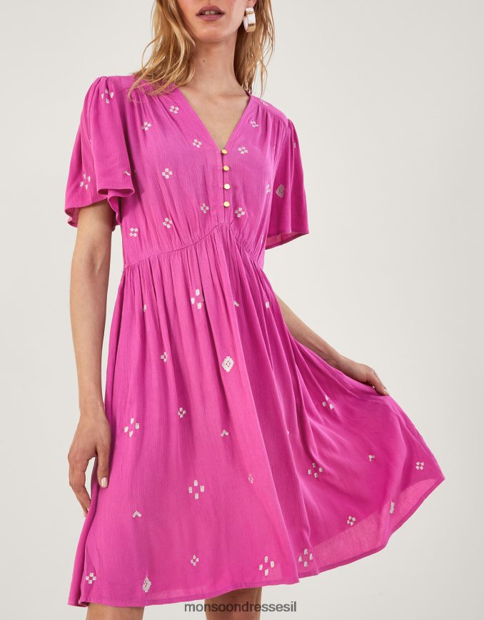 הַלבָּשָׁה Monsoon שמלה קצרה עם קמטים רקומים ב-lenzing ecovero וָרוֹד נשים HTJ0TZ59