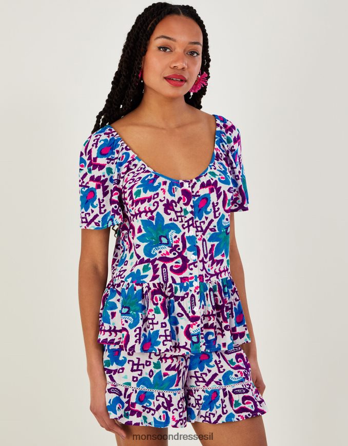 הַלבָּשָׁה Monsoon טופ עם שרוול קצר בהדפס פרח אש ב-lenzing ecovero כְּחוֹל נשים HTJ0TZ591