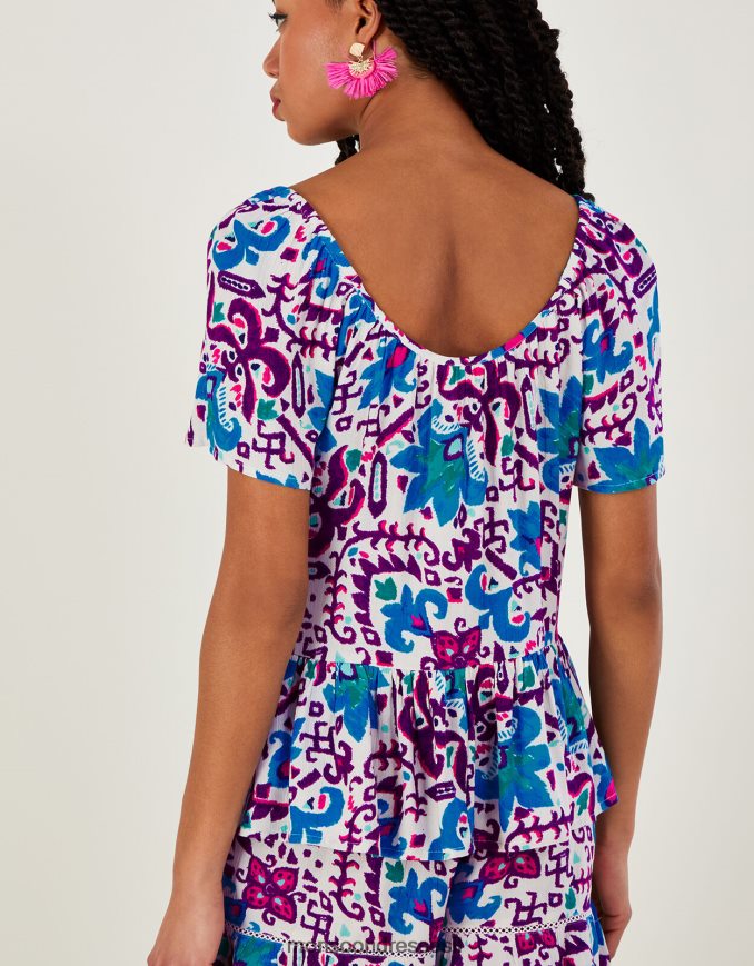 הַלבָּשָׁה Monsoon טופ עם שרוול קצר בהדפס פרח אש ב-lenzing ecovero כְּחוֹל נשים HTJ0TZ591