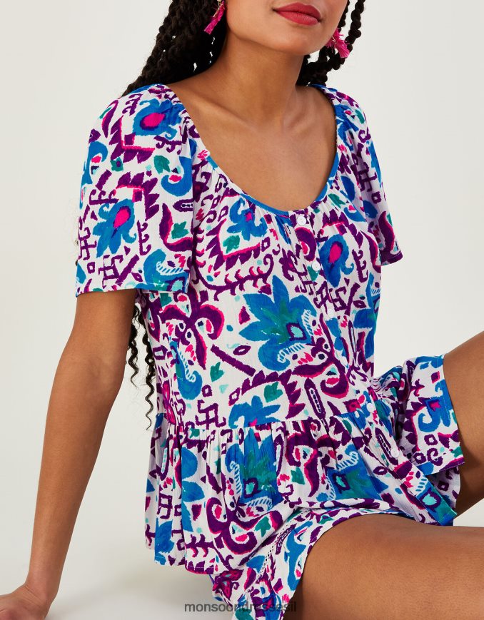 הַלבָּשָׁה Monsoon טופ עם שרוול קצר בהדפס פרח אש ב-lenzing ecovero כְּחוֹל נשים HTJ0TZ591