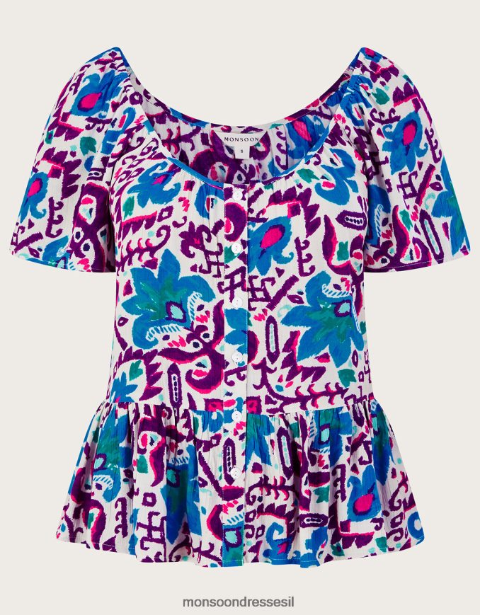 הַלבָּשָׁה Monsoon טופ עם שרוול קצר בהדפס פרח אש ב-lenzing ecovero כְּחוֹל נשים HTJ0TZ591