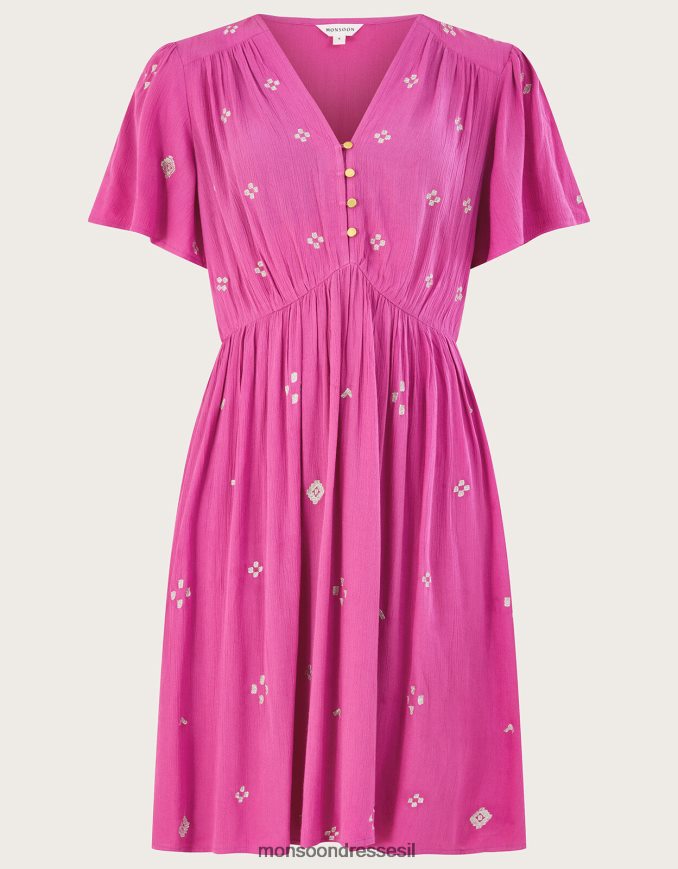 הַלבָּשָׁה Monsoon שמלה קצרה עם קמטים רקומים ב-lenzing ecovero וָרוֹד נשים HTJ0TZ59