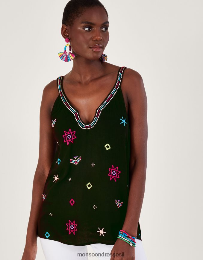 הַלבָּשָׁה Monsoon טופ קמי עם מוטיב רקום ב-lenzing ecovero שָׁחוֹר נשים HTJ0TZ670