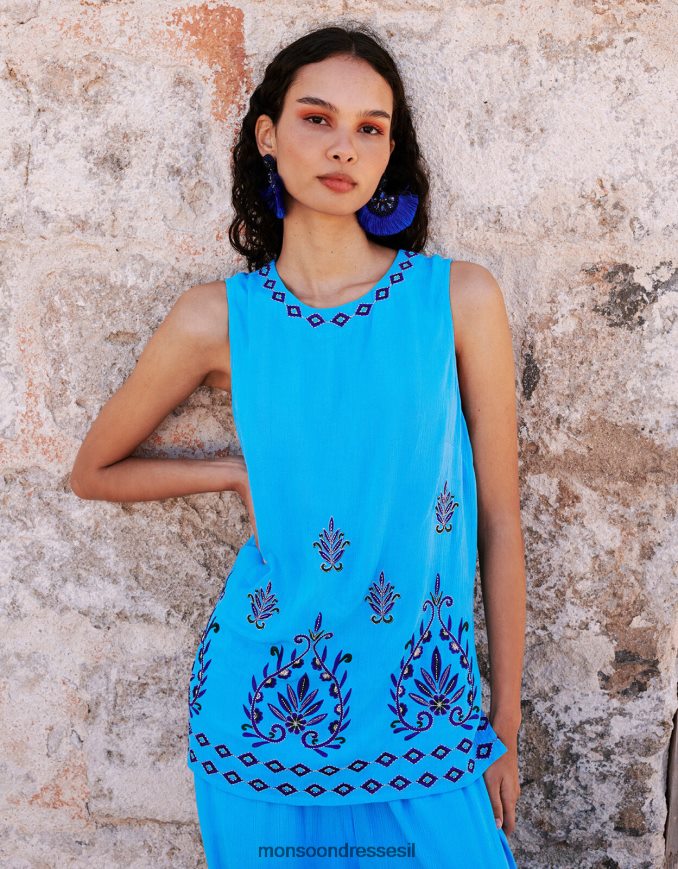 הַלבָּשָׁה Monsoon גופייה רקומה ללא שרוולים ב-lenzing ecovero כְּחוֹל נשים HTJ0TZ693