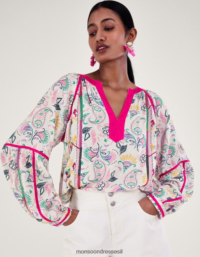 הַלבָּשָׁה Monsoon חלק עליון מודפס רקום ב-lenzing ecovero שֶׁנהָב נשים HTJ0TZ83