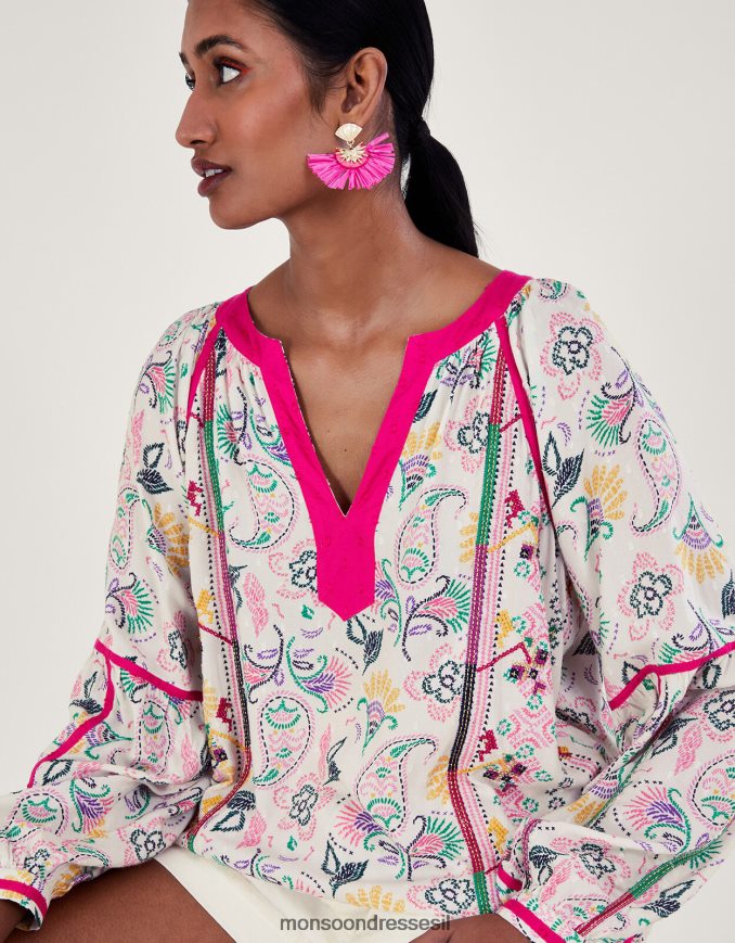 הַלבָּשָׁה Monsoon חלק עליון מודפס רקום ב-lenzing ecovero שֶׁנהָב נשים HTJ0TZ83