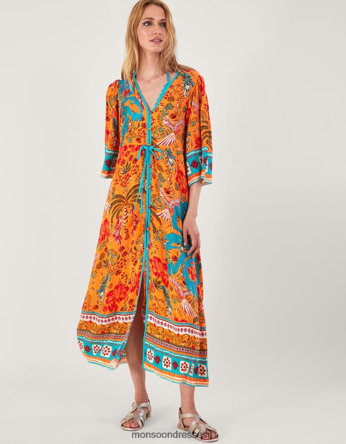 הַלבָּשָׁה Monsoon שמלה עם הדפס דקלים ב-lenzing ecovero תפוז נשים HTJ0TZ865