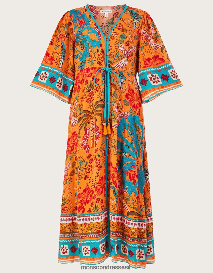 הַלבָּשָׁה Monsoon שמלה עם הדפס דקלים ב-lenzing ecovero תפוז נשים HTJ0TZ865