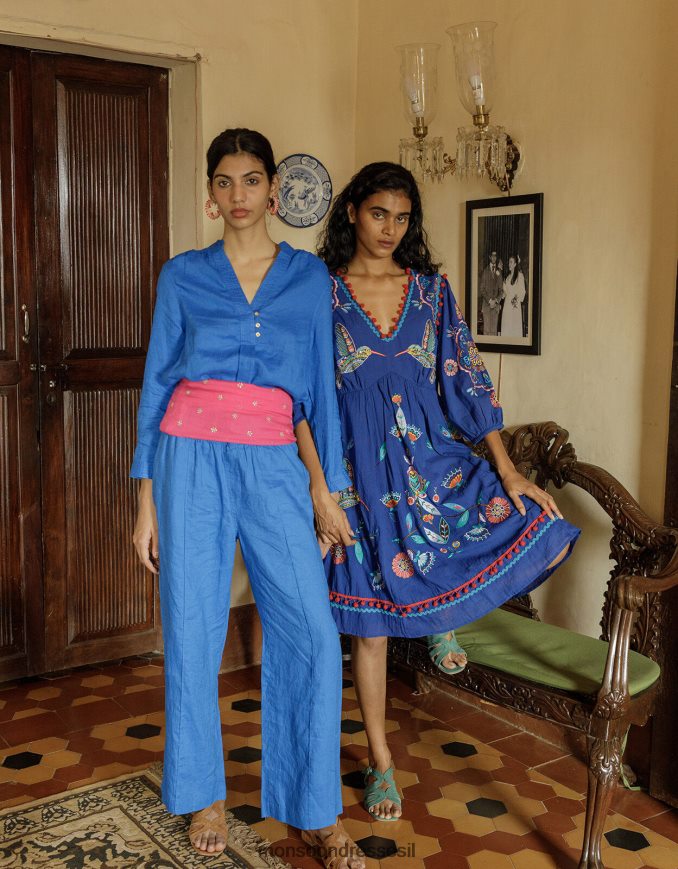 הַלבָּשָׁה Monsoon הודו חולצת פשתן עליון של צווארון nehru כחול (קובלט) נשים HTJ0TZ1050