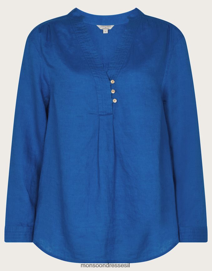 הַלבָּשָׁה Monsoon הודו חולצת פשתן עליון של צווארון nehru כחול (קובלט) נשים HTJ0TZ1050