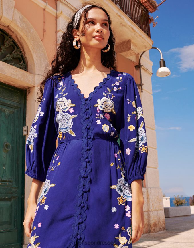 הַלבָּשָׁה Monsoon שמלת תה רקומה פרחונית של olla בוויסקוזה בר קיימא כְּחוֹל נשים HTJ0TZ332