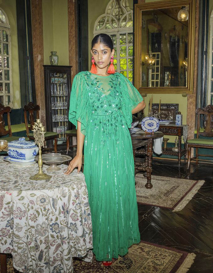 הַלבָּשָׁה Monsoon שמלת מקסי מעוטרת ottilie בפוליאסטר ממוחזר ירוק נשים HTJ0TZ1181