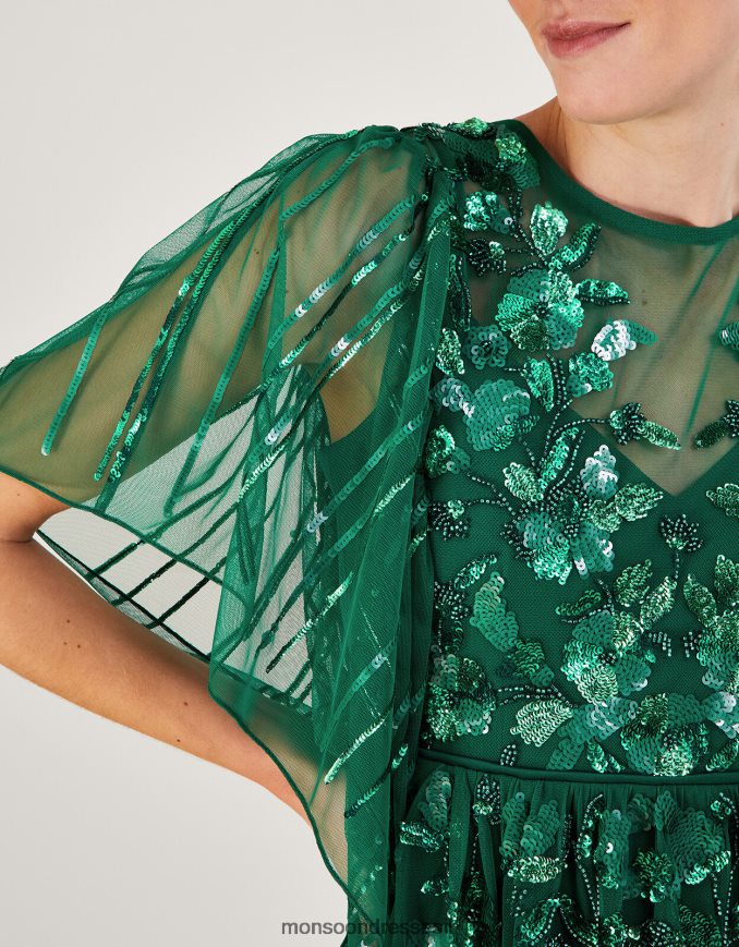 הַלבָּשָׁה Monsoon שמלת מקסי מעוטרת ottilie בפוליאסטר ממוחזר ירוק נשים HTJ0TZ1181