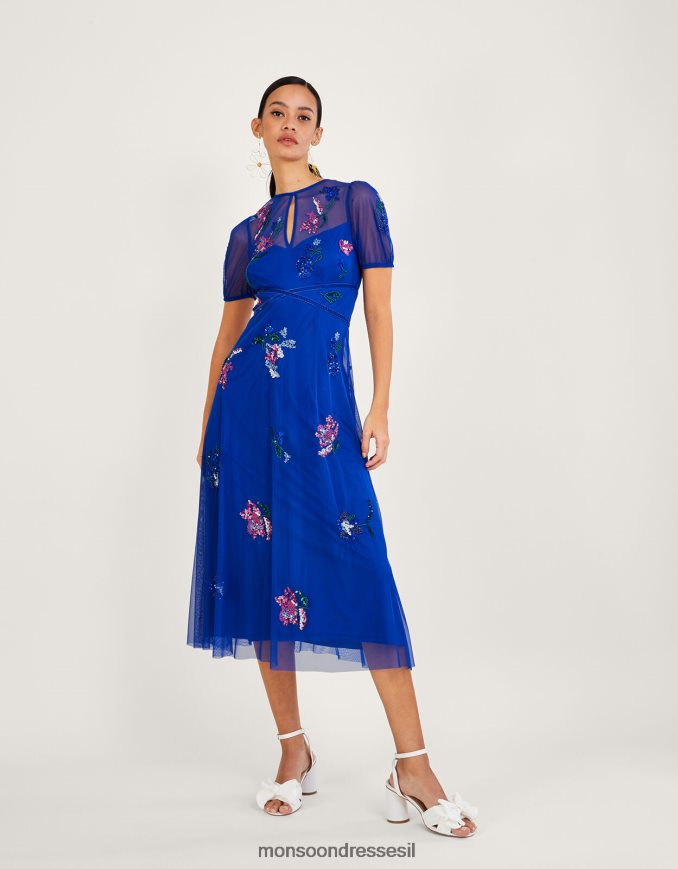 הַלבָּשָׁה Monsoon שמלת מידי מעוטרת phoebe בפוליאסטר ממוחזר כחול (קובלט) נשים HTJ0TZ1030