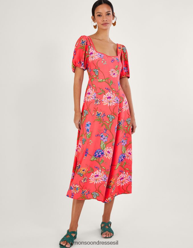 הַלבָּשָׁה Monsoon שמלת תה בהדפס פרחים של regina עם ויסקוזה בר קיימא כתום (אלמוגים) נשים HTJ0TZ377