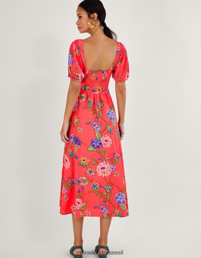 הַלבָּשָׁה Monsoon שמלת תה בהדפס פרחים של regina עם ויסקוזה בר קיימא כתום (אלמוגים) נשים HTJ0TZ377