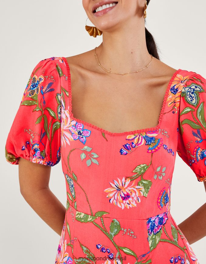 הַלבָּשָׁה Monsoon שמלת תה בהדפס פרחים של regina עם ויסקוזה בר קיימא כתום (אלמוגים) נשים HTJ0TZ377