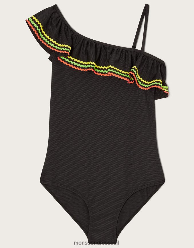 הַלבָּשָׁה Monsoon בגד ים עם כתף אחת במרקם ricrac שָׁחוֹר ילדה HTJ0TZ1858