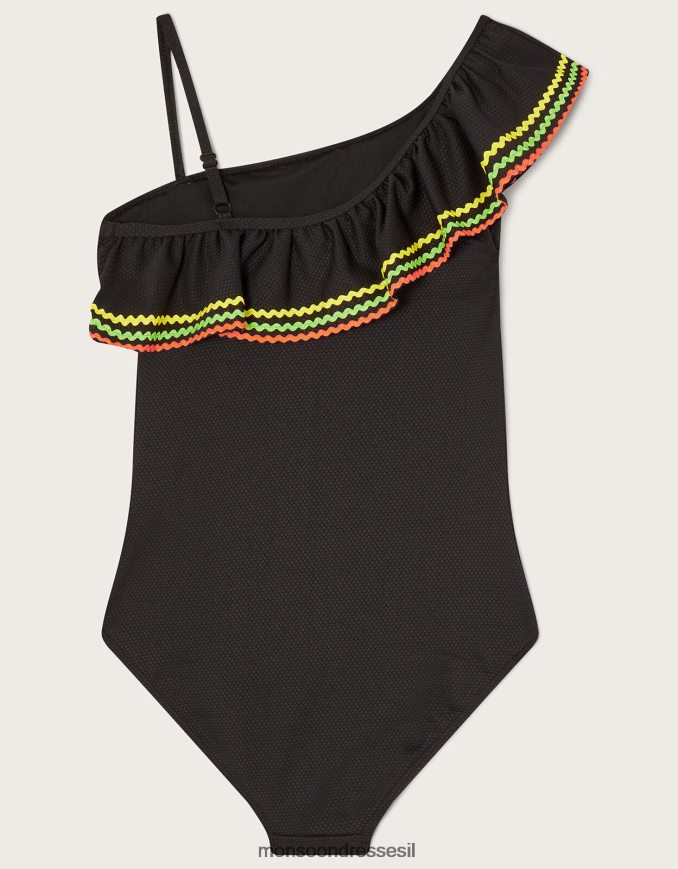 הַלבָּשָׁה Monsoon בגד ים עם כתף אחת במרקם ricrac שָׁחוֹר ילדה HTJ0TZ1858