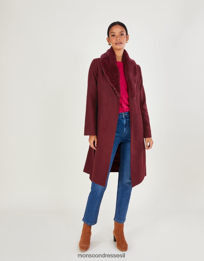 הַלבָּשָׁה Monsoon מעיל חגורת צווארון פרווה rufus עם פוליאסטר ממוחזר יין אדום) נשים HTJ0TZ852