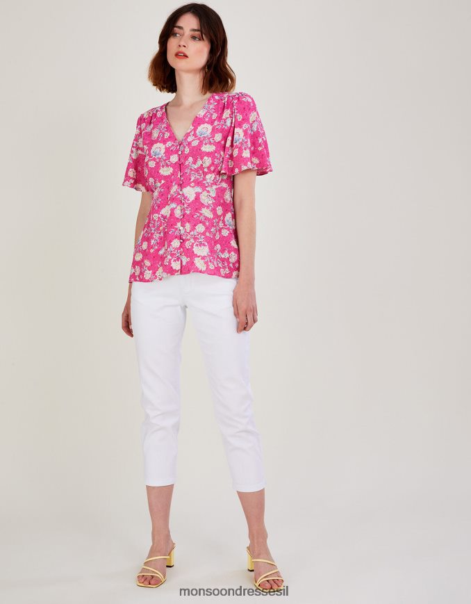 הַלבָּשָׁה Monsoon חולצת שרוול מלאך פרחונית של sawyer וָרוֹד נשים HTJ0TZ1070