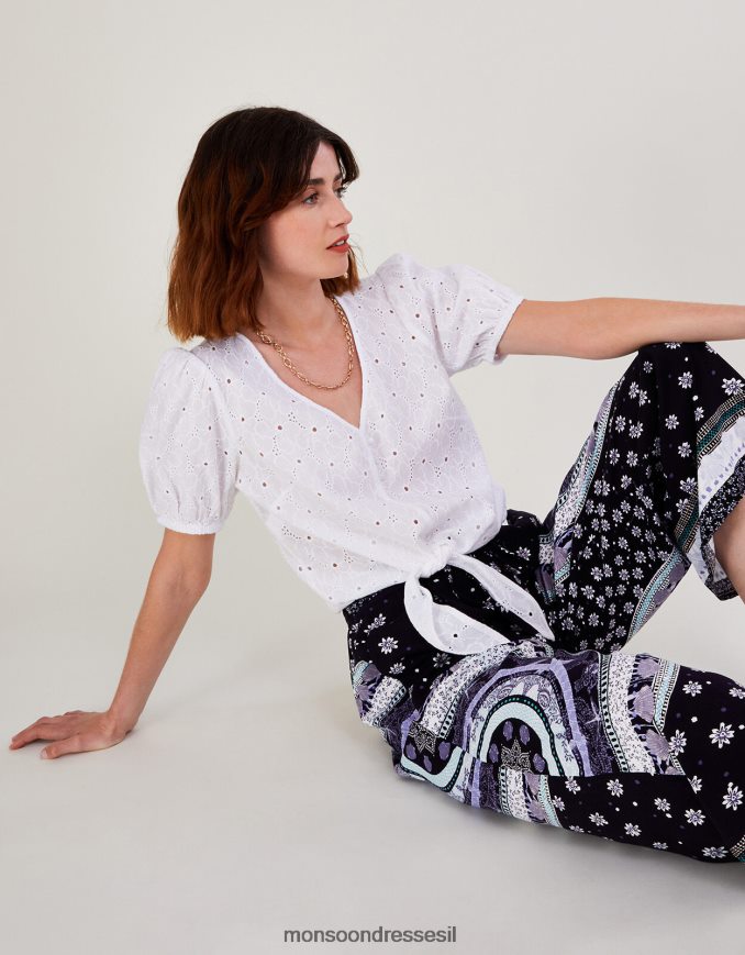 הַלבָּשָׁה Monsoon חלק עליון קשירה schiffli מכותנה בת קיימא לבן נשים HTJ0TZ1020