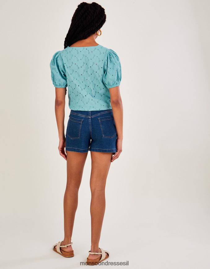 הַלבָּשָׁה Monsoon חלק עליון קשירה schiffli מכותנה בת קיימא כְּחוֹל נשים HTJ0TZ840