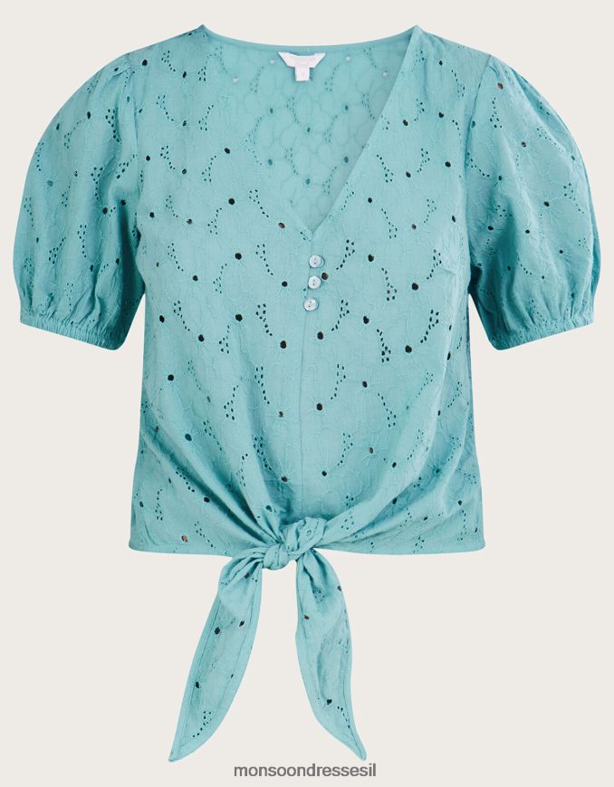 הַלבָּשָׁה Monsoon חלק עליון קשירה schiffli מכותנה בת קיימא כְּחוֹל נשים HTJ0TZ840