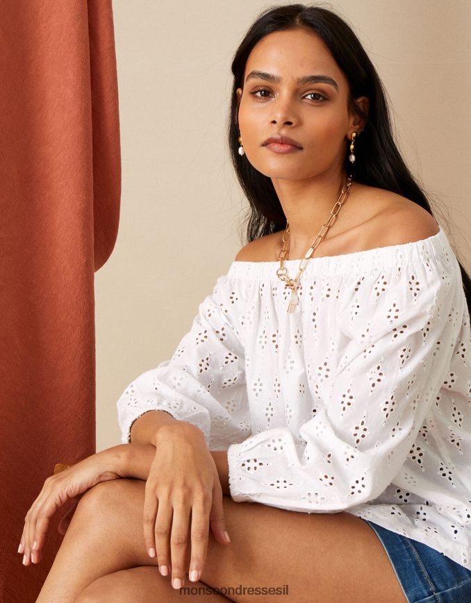 הַלבָּשָׁה Monsoon טופ schiffli ברדו מכותנה בת קיימא לבן נשים HTJ0TZ953