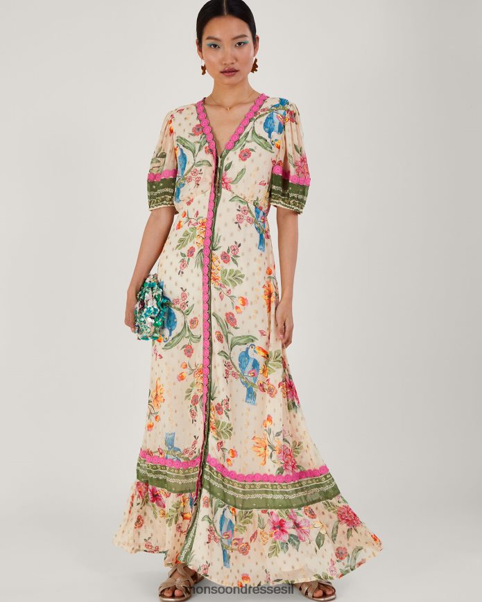 הַלבָּשָׁה Monsoon שמלת מקסי בהדפס פרחים מטאלי של uma שֶׁנהָב נשים HTJ0TZ823